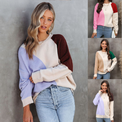 Pullover, patchwork, color matching, oversized slim fitting bottom knit sweater for women