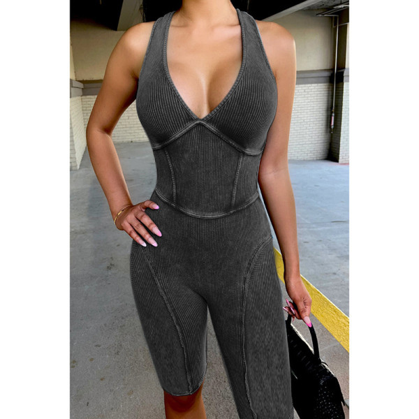 Leisure Sports Tight Bodysuit Sexy Two tone Hollow Deep V Sleeveless Hanging Neck Jumpsuit