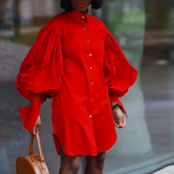Large Women's Loose Bubble Sleeves Solid Color Long Sleeve Shirt Skirt Foreign Trade Dress