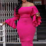Large Women's Flare Sleeves Wrapped Hip Tight Fashion Dress