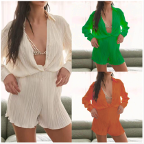 Fashion V-neck pleated long sleeved lapel shorts fashion set