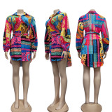 Sexy and loose fitting shirt skirts with waistband, fashionable retro printed lapel and button up long sleeves