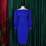 Off shoulder long sleeved slim fitting oversized dress with a straight neck