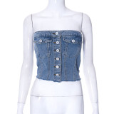 Fashion Street Trend Denim Elastic Wrap Chest Button Top