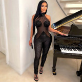 Sleeveless Perspective Mesh Beads Fashionable Splice Jumpsuit Pants