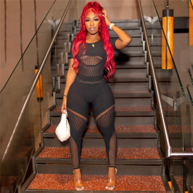 Sexy Mesh Perspective Hollow Solid High Waist Tight Casual jumpsuit