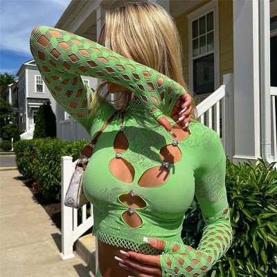 Sexy Street Shot Mesh Perspective Hollow Round Neck Long Sleeve Tight Top