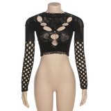 Sexy Street Shot Mesh Perspective Hollow Round Neck Long Sleeve Tight Top