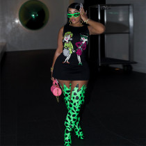 Fashionable front and back printed sleeveless dress short skirt