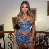 Fashion Street Trend Denim Elastic Wrap Chest Button Top