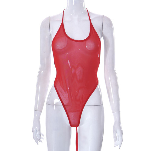 Perspective Mesh Sexy Hanging Neck Open Back Bodysuit