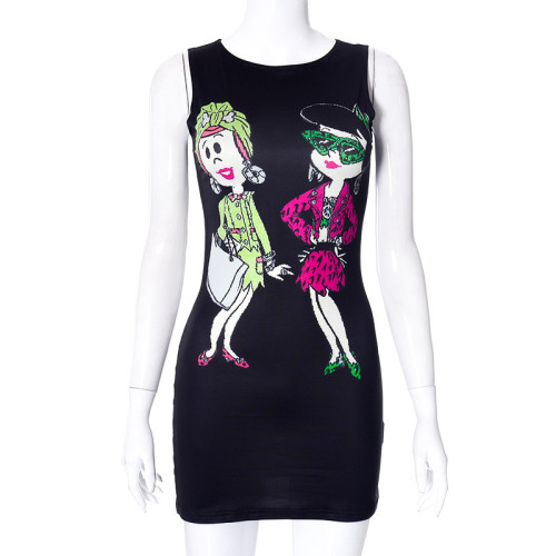 Fashionable front and back printed sleeveless dress short skirt