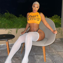 Fashion printed open navel round neck sleeveless T-shirt top