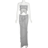 Sexy Wrapped Chest Open Back Lace Up Open Back Top Tassel Knitted Skirt Set