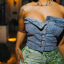 Fashion Street Trend Denim Elastic Wrap Chest Button Top Fashion Street Trend Denim Elastic Wrap Chest Button Top