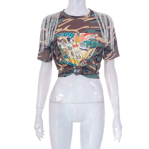 Tassel camouflage printed short sleeved T-shirt top