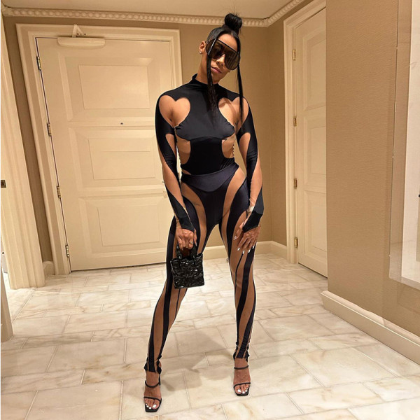 Sexy hollow out mesh patchwork tight casual long sleeved one piece top