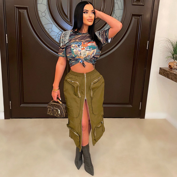 Tassel camouflage printed short sleeved T-shirt top