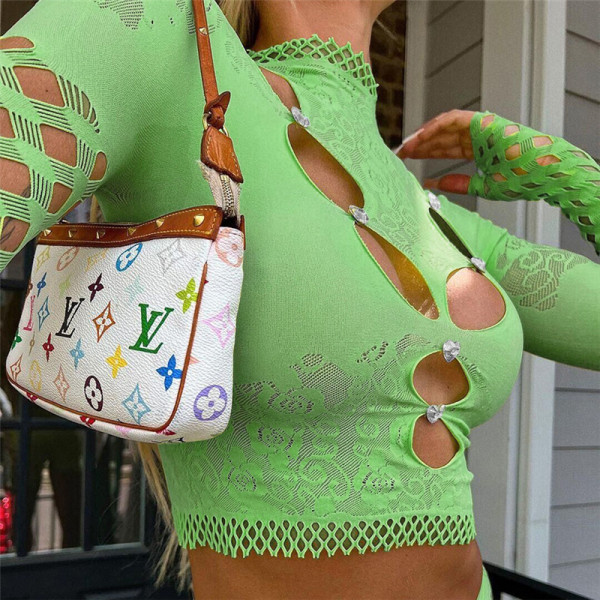 Sexy Street Shot Mesh Perspective Hollow Round Neck Long Sleeve Tight Top