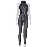 Sleeveless Perspective Mesh Beads Fashionable Splice Jumpsuit Pants
