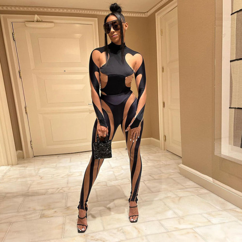 Sexy hollow out mesh patchwork tight casual long sleeved one piece top
