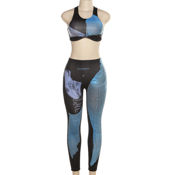 Women's low neck digital printed sleeveless vest slim fitting casual set