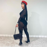 Round neck hollowed out long sleeved top with high waisted slim fitting tight pants set