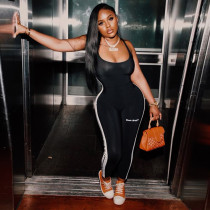 Letter printed contrasting color straps sleeveless jumpsuit pants