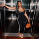 Letter printed contrasting color straps sleeveless jumpsuit pants