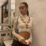 Sexy Street Shot Mesh Perspective Hollow Round Neck Long Sleeve Tight Top