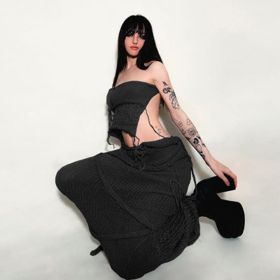Sexy Wrapped Chest Open Back Lace Up Open Back Top Tassel Knitted Skirt Set