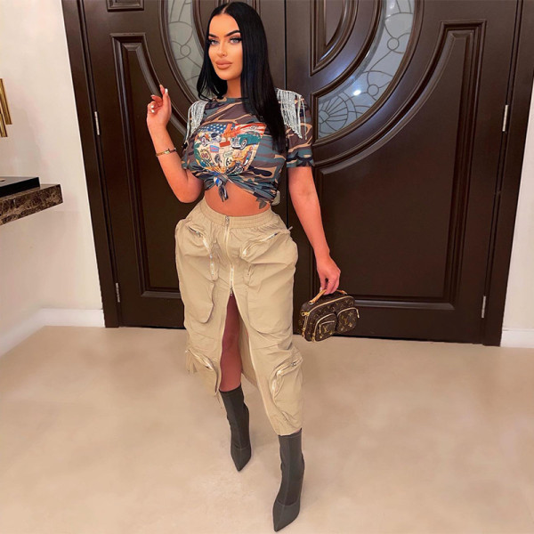 Tassel camouflage printed short sleeved T-shirt top