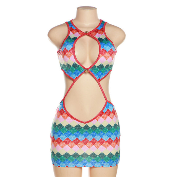 Fashionable Spicy Girl Sexy Hollow Back Slim Fit Printed Dress