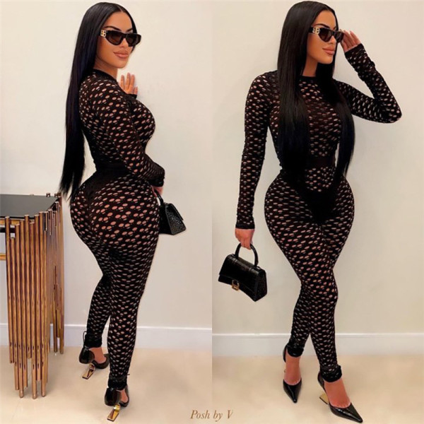 Round neck hollowed out long sleeved top with high waisted slim fitting tight pants set