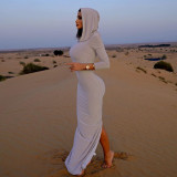 Hooded high elastic long sleeve split temperament slim dress