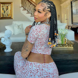 Fashion printed sexy open navel pleated top short sleeved tight fitness pants two-piece set