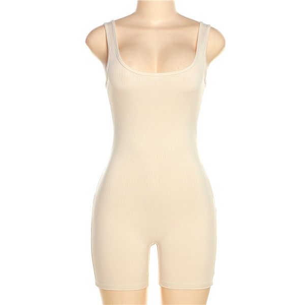 Women's solid color sexy backless low neck hanging neck short sports jumpsuit