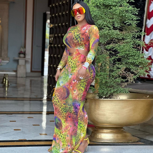 Round neck tight fitting long dress with phoenix tail print long sleeve wrap buttocks pencil skirt street trendsetter skirt