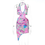 V-Neck Lace Up Hanging Neck Sexy Open Back Hollow Print Dress