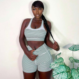 Fashion striped printed wrap chest vest shorts two-piece fitness yoga set