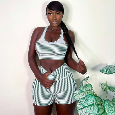 Fashion striped printed wrap chest vest shorts two-piece fitness yoga set