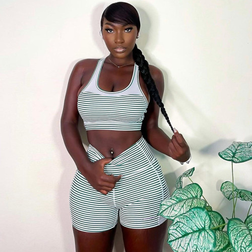 Fashion striped printed wrap chest vest shorts two-piece fitness yoga set