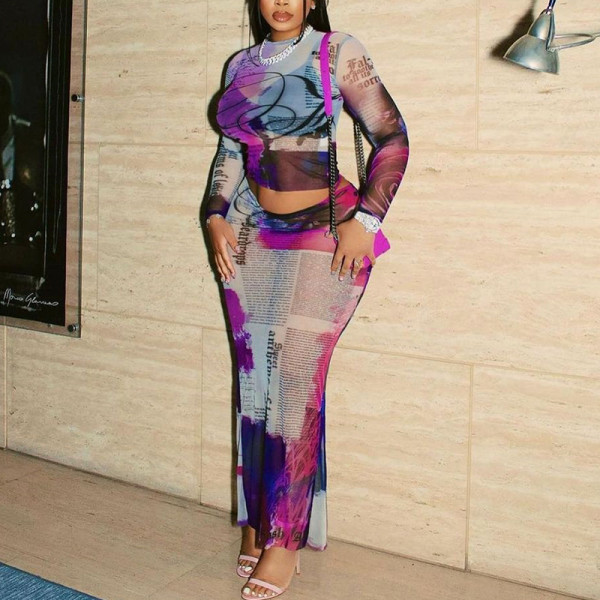 Sexy Perspective Mesh Set Round Neck Printed Long Sleeve Short Top Wrapped Hip Slim Fit Half Skirt Fashion Two Pieces