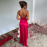 One-shoulder pleated slit sexy satin dress temperament slim solid color dress