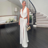 Sexy V-neck split openwork dress seaside holiday fashion spice dress