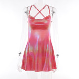Strap pocket collar backless shiny dress party skirt
