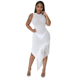 Round neck openwork oblique skirt with fringed va va voom dress