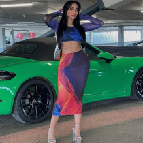 Fashionable printed top, long sleeved open back tie up, buttocks wrapped skirt set, two-piece skirt set