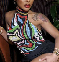 Sleeveless backless printed slim vest with neck strap