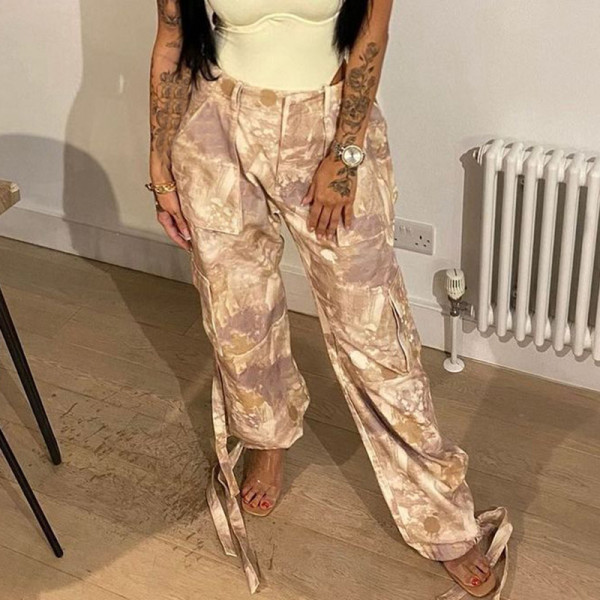 High waist tie-dyed leg straight overalls street fashion Joker casual pants